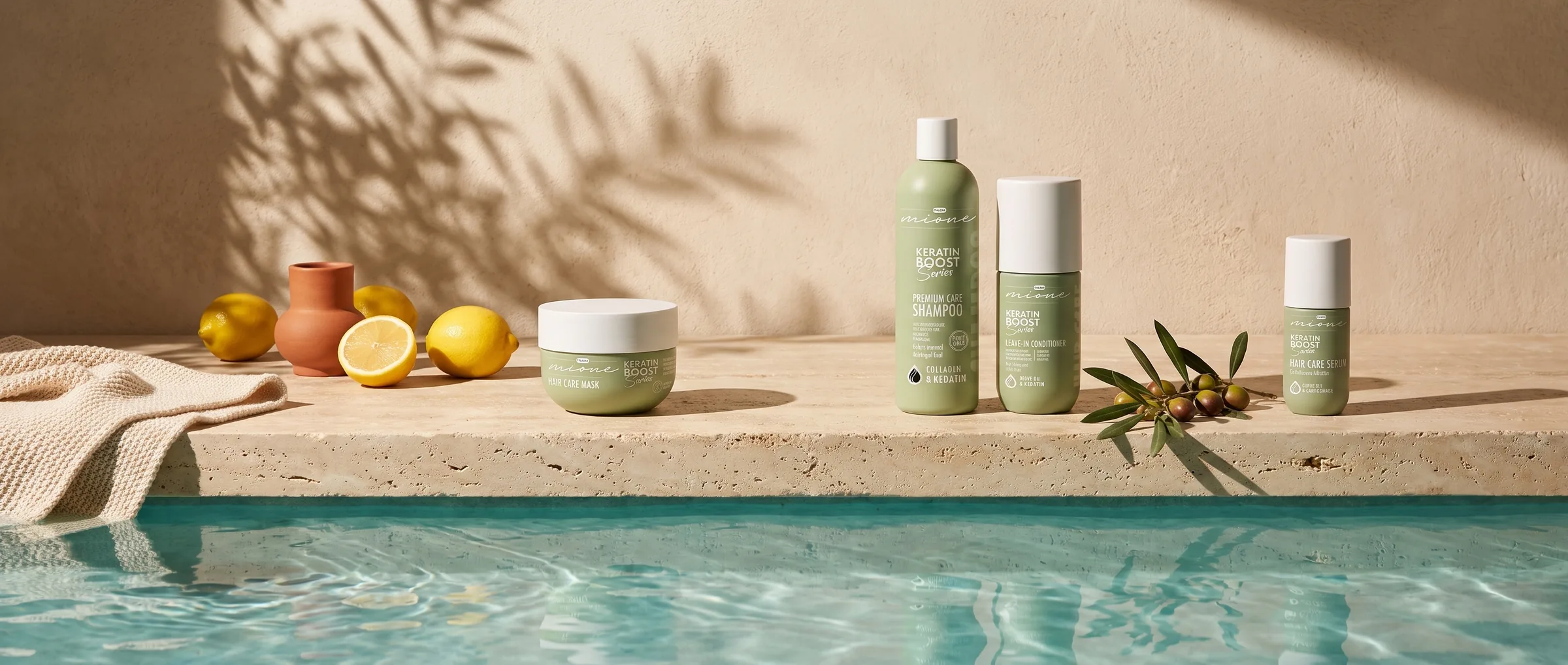 Mione Keratin Boost Series dörtlüsü havuz kenarı traverten sette; zeytin dalı, limon ve terrakota testi ile