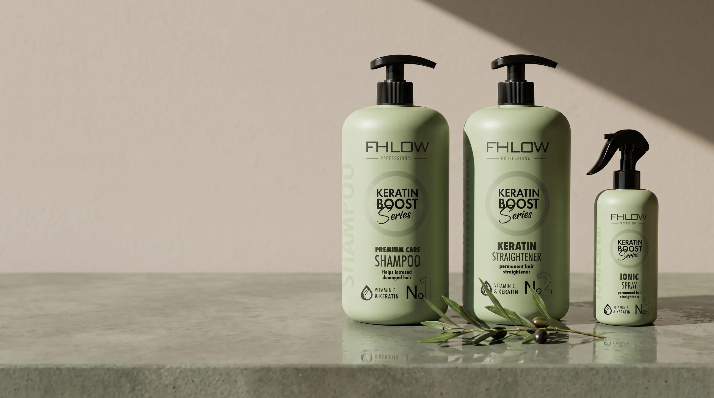 FHLOW Keratin Boost Series No:1, No:2 ve No:3 profesyonel üçlü salon tezgâhında